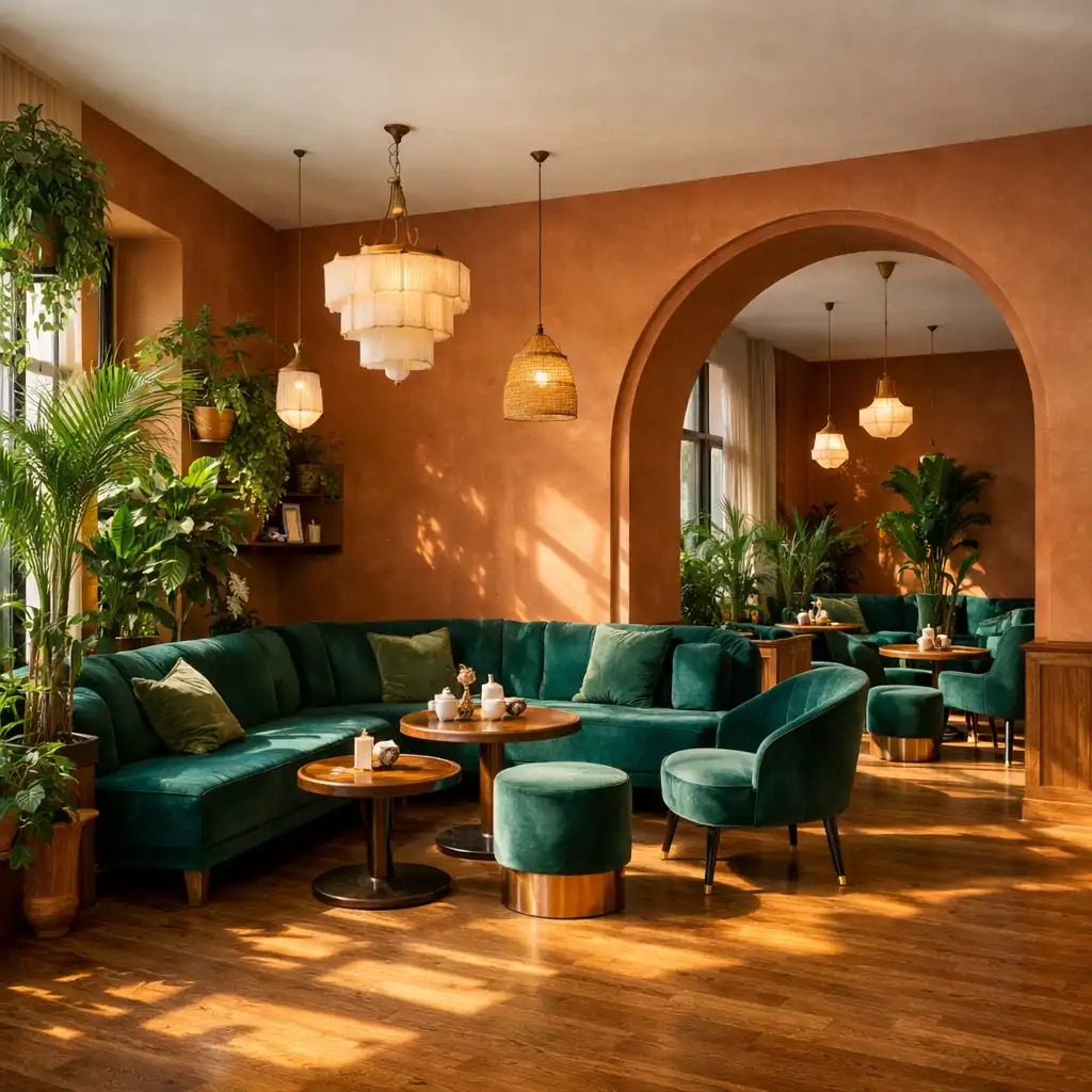 A Courtyard Social Club belső tere nappali fényben, íves nyílásokkal, terrakotta falakkal és zöld növényekkel