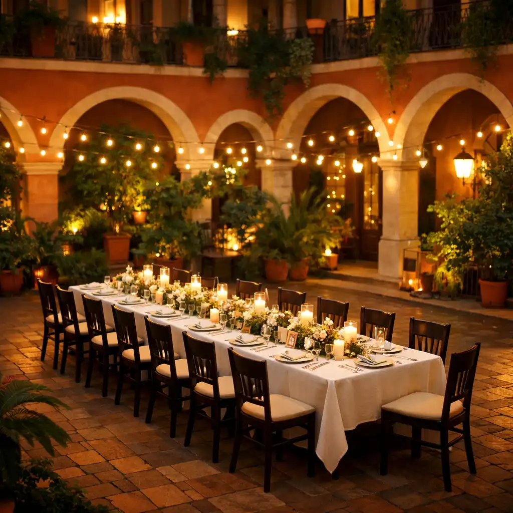 Elegáns céges rendezvény helyszíne a Courtyard Social Clubban, meleg fényekkel, ívekkel és zöld növényekkel