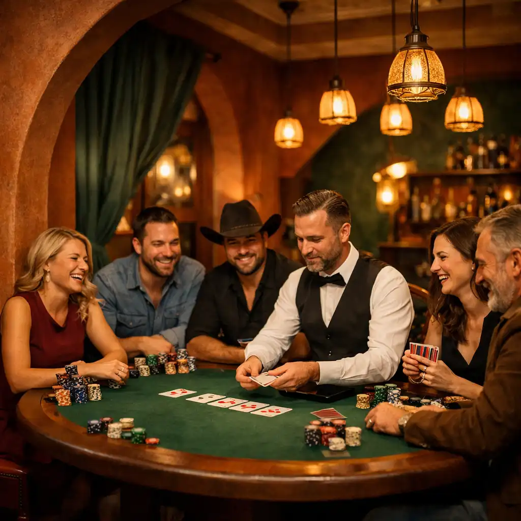 Baráti társaság Texas Hold'em pókert játszik egy elegáns, boltíves teremben