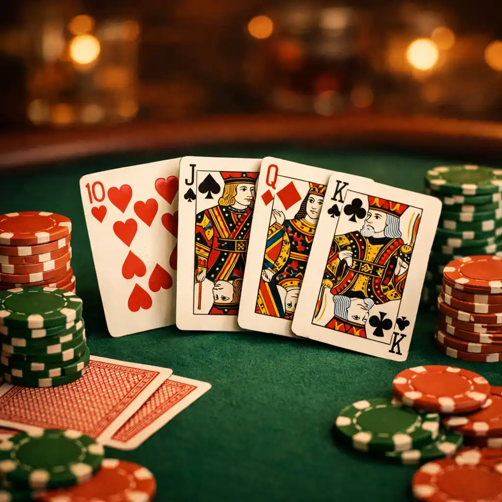 Közelkép egy poker asztalról, kártyákkal és zsetonokkal, meleg fényekkel