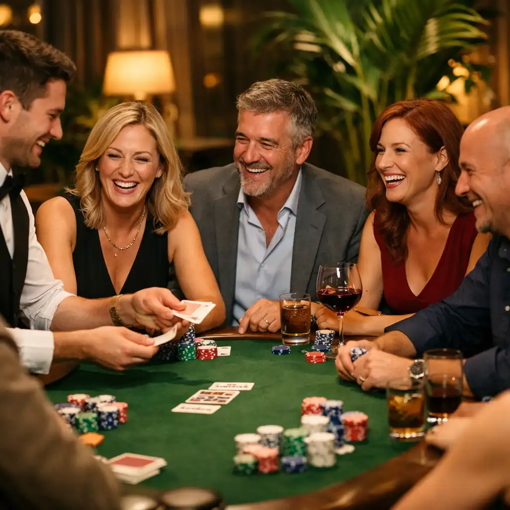 Vendégek nevetnek és beszélgetnek egy poker asztal körül, miközben a dealer oszt