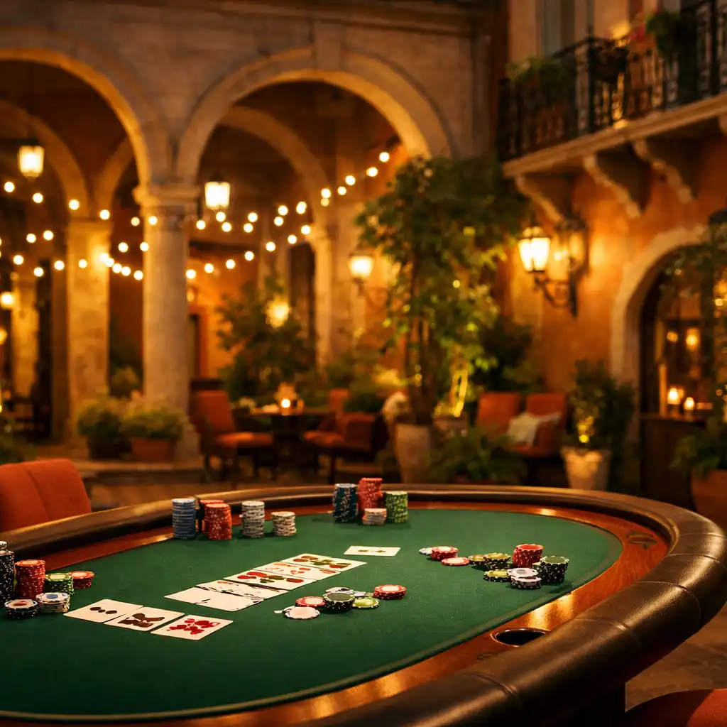 Elegáns belső udvart idéző helyszín Budapesten, prémium poker asztallal, meleg fényekkel és növényekkel