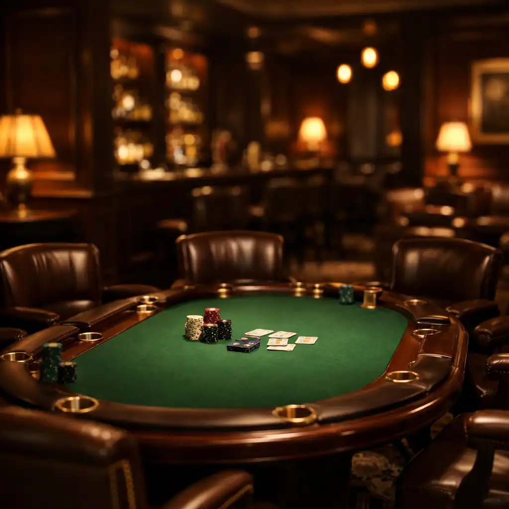 Elegáns, félhomályos card lounge zöld filc poker asztallal és bőr székekkel