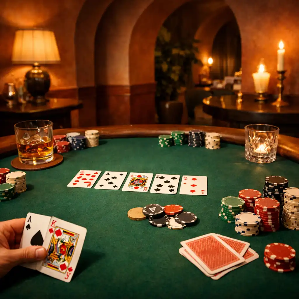 Tematikus offline poker est elegáns játékasztallal, meleg fényekkel és boltívekkel